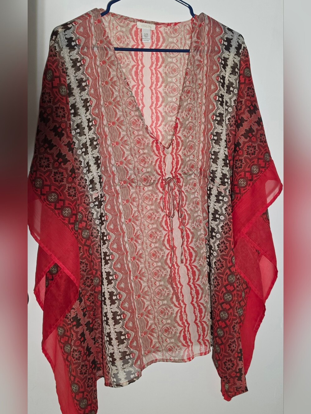 Chico's Red, Cream & Black Sheer Patterned Poncho Top